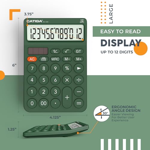 CATIGA 12 Digit Desktop Calculator Basic Desk Calculator with Large LCD Display, Big Buttons, 4 Function, Solar and Battery Dual Power, for Office, School, Home, SD-1292 Green