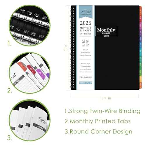 2026 Monthly Planner - JAN. 2026 - DEC. 2026, 2026 Planner with Colorful Tabs, 8.5" x 11", Monthly Planner/Calendar 2026 with Pocket, Thick Paper, Twin-Wire Binding - Black