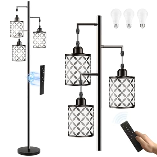 New Upgraded 72" Tall Dimmable Floor Lamp with Remote Control & White PC Shades, Farmhouse Standing Lamp with Bulbs, Industrial Tree Pole Floor Lamps for Living Room, Bedroom, Study Room, Office-Black