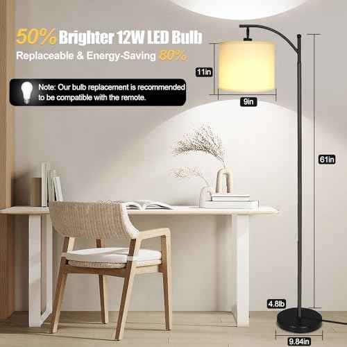 LED Floor Lamps for Living Room, 12W Modern Arc Floor Lamp with Remote & Adjustable Linen Lampshade, Stepless Dimmable Tall Standing Lamp for Bedroom Office Reading (White Shade)