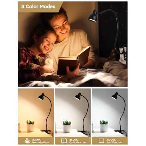 Clip on Light Reading Light for Bed 3 Color Modes 10 Dimmable Brightness Eye Care Clamp Desk Lamp Flexible Gooseneck Book Light for Reading in Bed Desk Light for Bed Headboard Computer