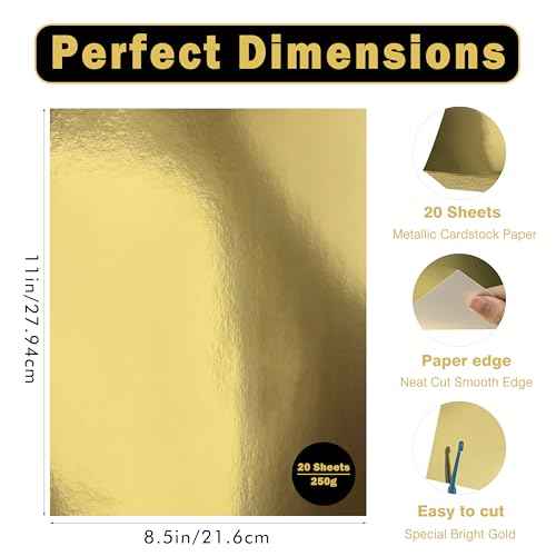 20 Sheets Gold Cardstock Paper 8.5 x 11 Inch, Mirror Finish Gold Foil Sheets - Heavyweight 92lb/250gsm for Scrapbooking, Card Making, Weddings & Birthdays Invitations Party Decoration