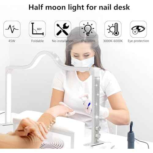 Foldable Half Moon LED Nail Desk Lamp for Nail tech,3000-600K Adjustable Brightness,3 Color Temperature Led Nail DeskLight forNail/Tattoo/Lash Tech(White)