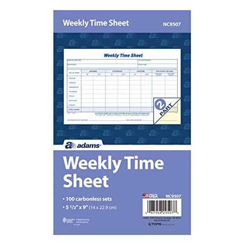 Adams Time Sheet, 9 x 5.5 Inch, Weekly Format, 2-Part, Carbonless, 100-Pack, White, Canary (NC9507)