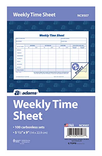 Adams 100-Pack Weekly Time Sheet Forms 8.5 x 5.5 Inch Carbonless 2-Part NC9507