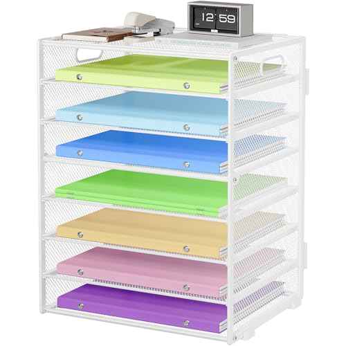 8 Tier Paper Organizer with Handle, Metal Mesh Desk File Organizer, Large Capacity Desk Organizers Paper Letter Tray Desktop Document Sorter for Office, Home or School - White