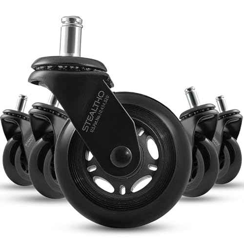 Stealtho Original Office Chair Wheels Set of 5 - Protect Hardwood Floor & Carpet - Heavy Duty Replacement Casters - Black Soft Polyurethane - Standard Fit 7/16" x 7/8"
