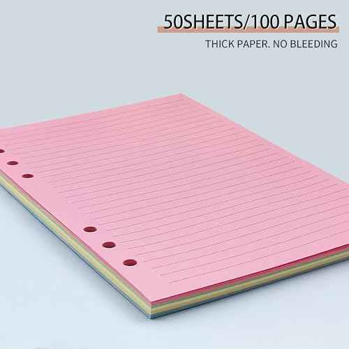 Lined Refill Paper, A5 Planner Inserts, Colorful Ruled Journal Fillers for 6-Ring Binder,5-color 120 GSM Thick Loose Leaf Paper,50 Sheets/100 Pages(50, A5£¨8.26x5.6in£©)