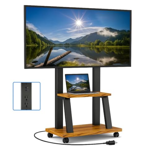 DIOOSN Walnut Rolling TV Stand for 32-80 inch TVs with Built-In Power Outlet