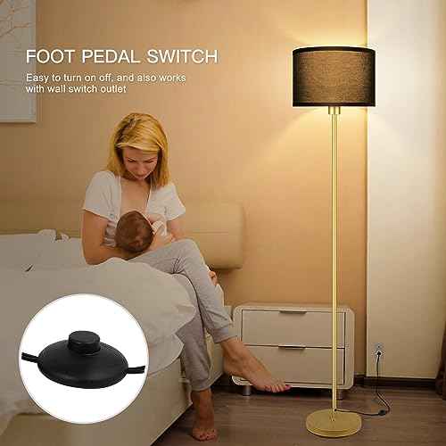 Gold Floor Lamps for Living Room, Modern Bright Standing Lamp, Black Lamp Shades, Foot Switch, Simple Pole Lamps Corner Lamp for Bedroom,Office, Living Room, Den, Black Living Room Lamp(No Bulb)