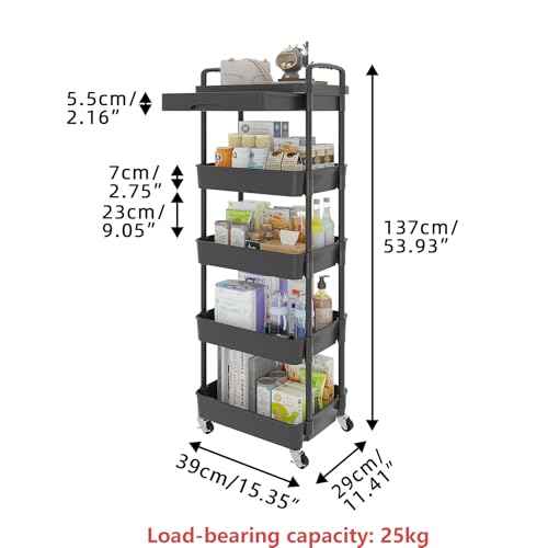 Calmootey 5-Tier Rolling Utility Cart with Drawer,Multifunctional Storage Organizer with Plastic Shelf & Metal Wheels,Storage Cart for Kitchen,Bathroom,Living Room,Office,Black