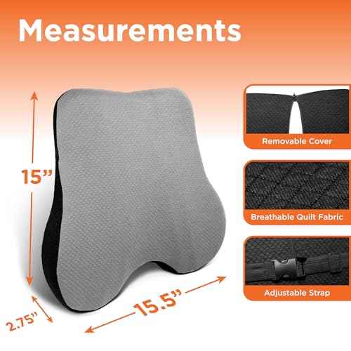 BLACK+DECKER Memory Foam Lumbar Support Pillow ? Lumbar Cushion for Office, Car, Wheelchair & Airplane ? Ergonomic, Pain Relief, Adjustable Strap, Washable Cover, Grey/Black