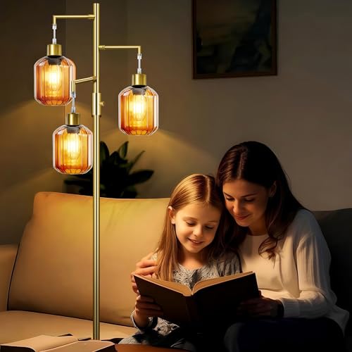 Gold Floor Lamp for Living Room, Modern Mid Century Standing Lamp with Amber Glass Shade, Dimmable Tall Tree Lamp with 3¡¿6W LED Bulbs, Tall Lamp for Bedroom Office