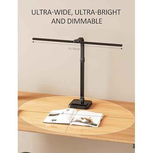 LED Desk Lamp for Home Office, Double Head 24W with Base, Architect Light 5 Lighting Brightness Flexible Gooseneck Table Reading Study, Black
