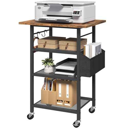 4-Tier Printer Stand, Rolling Printer Table on Wheels, Industrial Storage Stand with Side Pocket, Wooden Tabletop, 2 S-Shaped Hooks, for Home Office, Rustic Brown and Black PTHR2601