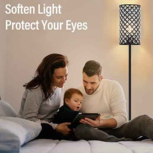 Crystal Floor Lamp, Modern Standing Lamp with Elegant Shade Black Floor Lamp with On/Off Foot Switch,Tall Pole Accent Lighting for Living Room, Girl Bedroom, Dresser, Office