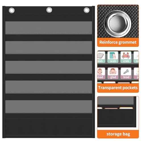 Yoink 5+1 Standard Pocket Chart, 5 Clear Pockets with 1 Extra Storage for Classroom Alphabet Learning, Kids Chore Chart, Word Wall and Sentence Strips Chart for Teachers, Black (25.2" x 17.1")