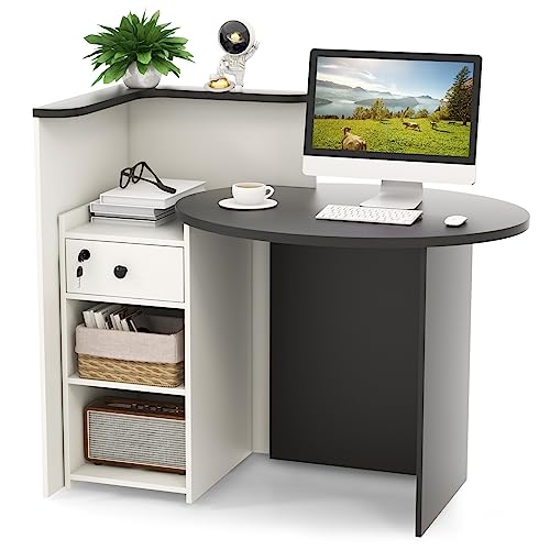 White & Black 48-Inch Tangkula Reception Desk with Lockable Drawer & Adjustable Shelf – Office & Retail Counter