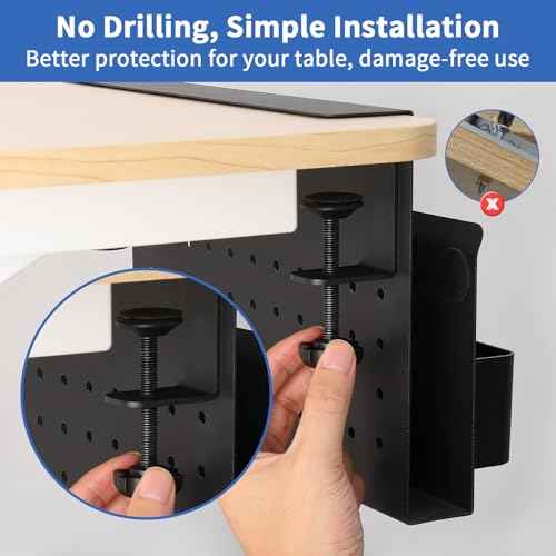 LUKETURE Desk Side Storage, No Drill Laptop Side Desk Mount, Steel Hanging Organizer, with Pegboard Accessories, Clamp on Laptop Holder for Office and Home, Fits Flat Edge Tables 0.3" to 2.8"