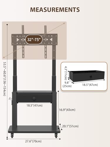 Maiproo Black Rolling TV Stand with Drawer, Mobile TV Cart 32-75" up to 330 lb, with 600x400 VESA, Adjustable Height