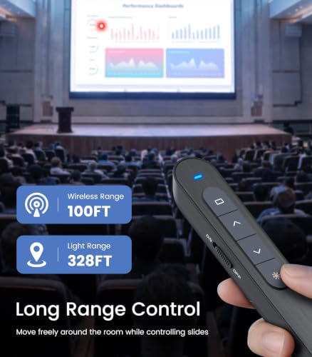 DinoFire Red Wireless Presenter Remote with Hyperlink & Volume Control - 2.4GHz RF USB Clicker for PowerPoint & Slides