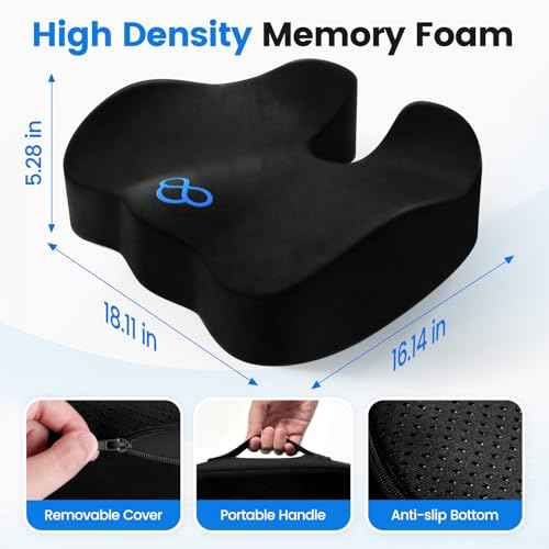 Seat Cushion with Carry Handle, Memory Foam for Tailbone/Sciatica Easing, Chair Cushions for Cars, Desks, Office Chair Cushion with Non-Slip Design, Ideal for Post-Surgery Recovery (Black)