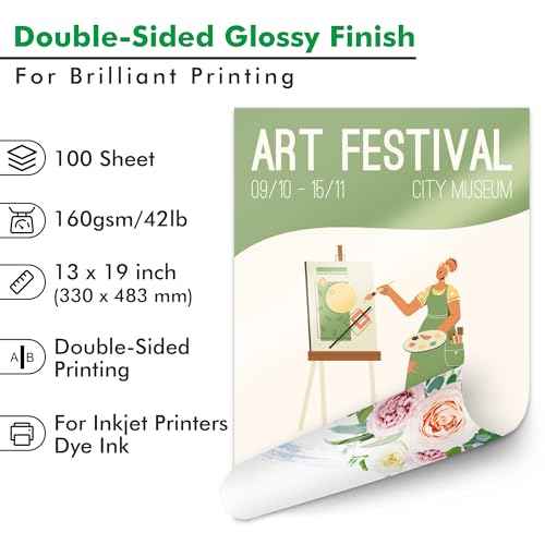 Koala Brochure Paper Double Side Glossy for Printing Photo 13X19 Inches 100 Sheets Compatible with Inkjet Printer 42LB