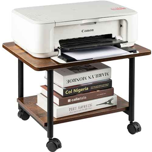 Under Desk Printer Stand - 2-Tier Industrial Mobile Printer Table with Storage Shelf, Heavy Duty Wood Rolling Printer Cart with Wheels for Home and Office,Rustic Brown