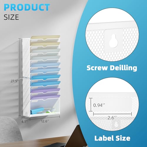 Marbrasse Wall File Holder 11-Tier Hanging Wall File Organizer, for Papers, Files Clipboard & Magazine Organizer, Wall Mount File Holder Great for Office Home (White)