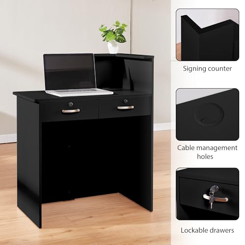 LayBurst Black Small Reception Desk with Two Lockable Drawers, Cable Management, 31in L x 17.7in W x 39.3in H