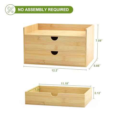 Desk Organizer with Drawers - Bamboo Desktop Organizer Storage | Wood Desk Drawers Organizer for Bills, Office Supplies, Cosmetics, Seals No Assembly Required (2 Drawer)