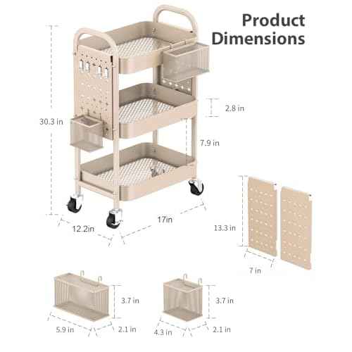 ALVOROG 3 Tier Rolling Cart with DIY Pegboards Metal Utility Cart with Wheels Handles Baskets Hooks, Craft Cart for Office Kitchen Bathroom(Khaki)