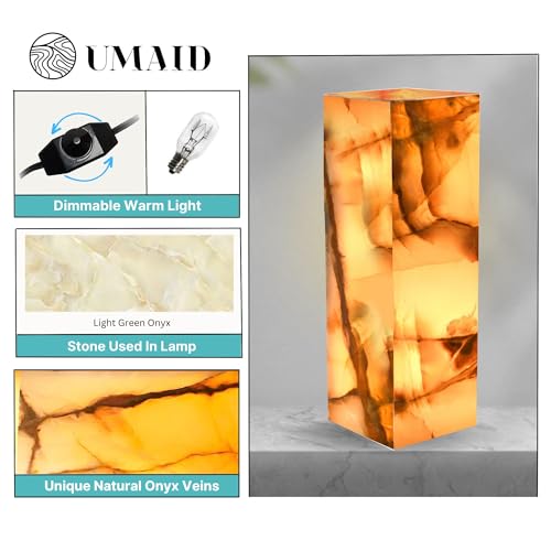 UMAID Handcrafted Onyx Marble Table Lamp, Each Lamp One-of-a-Kind with Natural Patterns, Warm Amber Glow, Dimmable Cord & Bulb, Modern Home Decor for Bedroom, Desk, Office, Living Room, or Bedside