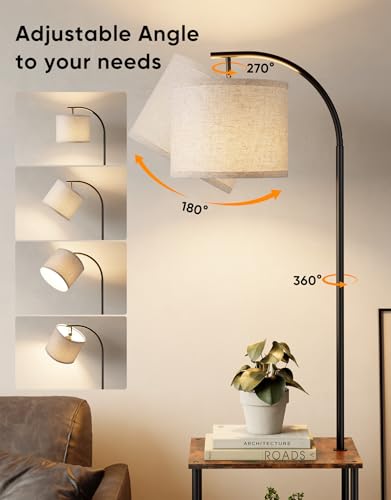 Rustic Brown Floor Lamp with Table - Night Stand & End Side Table for Living Room
