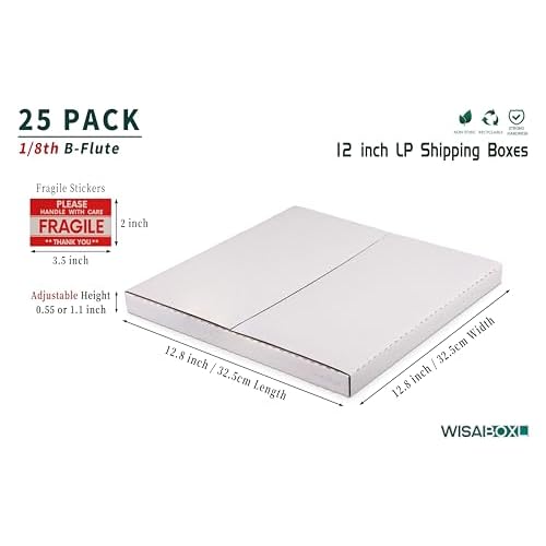 White Vinyl Record Mailers 12.8x12.8x1 inch LP Mailing Corrugated Cardboard Boxes, Easy Fold, Multi Depth Album Shipping Boxes with Fragile Stickers, 25 Pack