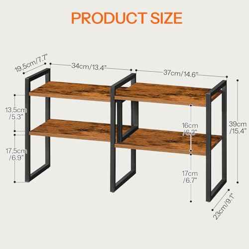 HOOBRO Desk Shelf Organizer, Adjustable Desktop Bookshelf, 2-Tier Shelf for Top of Desk, Wooden Office Storage Rack, for Office, Study, Kitchen, Dorm, Rustic Brown and Black BF39SJ01