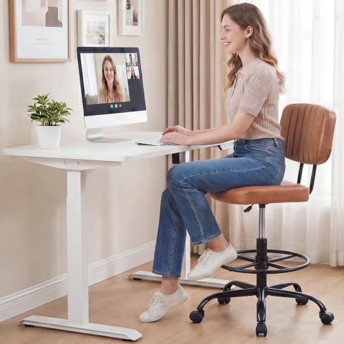 DUMOS Brown Armless Drafting Chair with Adjustable Height & Rolling Casters