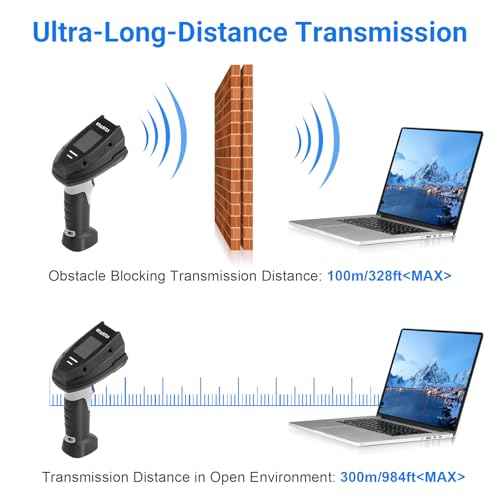 Barcode Scanner Wireless, 1D Laser Bar Code Scanners with Stand 2.4G Wireless & USB Wired Connection Plug and Play 2 in 1 Handheld Barcode Reader with Screen