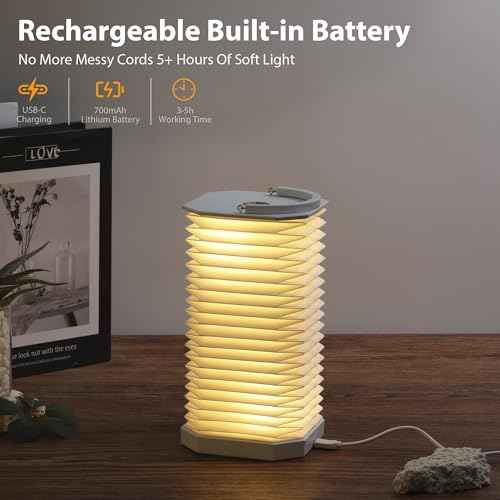 Portable Paper Lamp,White Accordion Desk Lamp,Japanese Lanterns lamp for Home Decoration and Gift,Dimmable Bedside Lamp,1200mAh USB Powered Night Light for Bedroom,Office,Reading