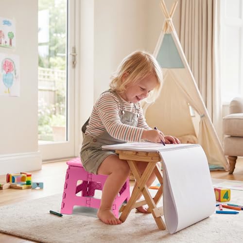 Pink Kids 9-Inch Folding Step Stool - Supports 300lbs for Toddlers & Children