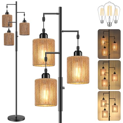 Hotsonic 72-Inch Boho Rattan Tree Floor Lamp - Black + Light Brown, Dimmable Industrial Standing Light for Living Room & Bedroom