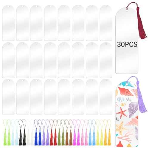 30 Pcs Clear Acrylic Bookmarks Blanks 6" x 2", Plastic Book Page Markers Transparent Semicircle Acrylic Bookmark Blank Bulk with 30 Pcs Book Mark Tassels for DIY Crafting Projects and Gift Tags