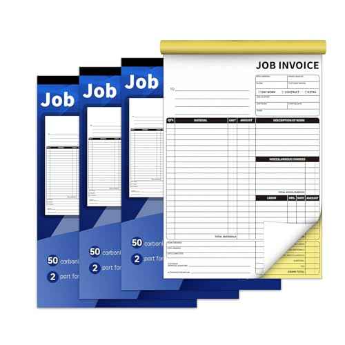 4 Pack Carbonless Job Invoice Forms,7.5 x 11 inches Receipt Book for Small Business,Sales Order Book with Backing Board, 2-Part with Carbon Copy, 50 Sets per Book