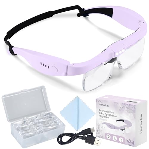YOCTOSUN Purple Headband Magnifier with Light, 0.75X-4.0X Interchangeable Lenses