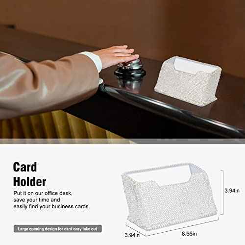 Bling Crystal Luxury Handmade Diamond Round Pencil Pen Pot Holder & Stapler & Card Holder & Desktop Tape Dispenser Office Stationery Kit for Fashion Girls Women(White)