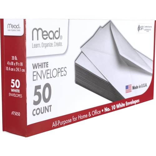 Mead #10 Envelopes Pack of 50 - Letter Size White Gummed Closure Office & Home Mail