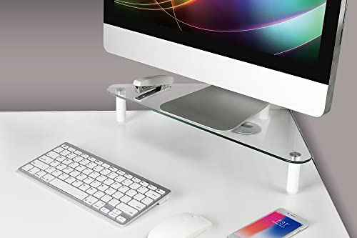 Kantek Glass Corner Monitor Riser, 19.7" x 11" x 3.25", Clear, Supports 40 lbs