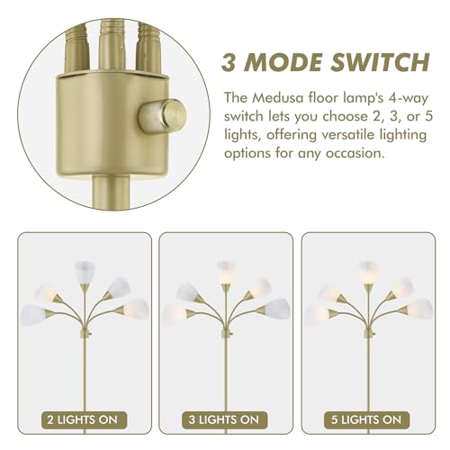 Medusa Modern Decor Floor Lamp, 5 Head Adjustable Gooseneck Lamps for Reading, White Shades Multiple Tall Standing Lamps for Living Room Bedroom Office Kids Classroom, Gold, Bulbs Included