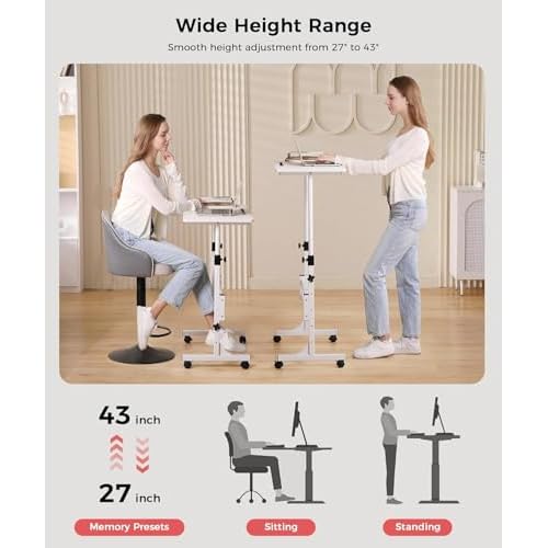 KLSMYHOKI Small Standing Desk with Wheels, Computer Desk Adjustable Height, White Rolling Stand Up Table, Portable Home Standing Desk 32 in X 16in Adjustable Height 27 in - 44 in