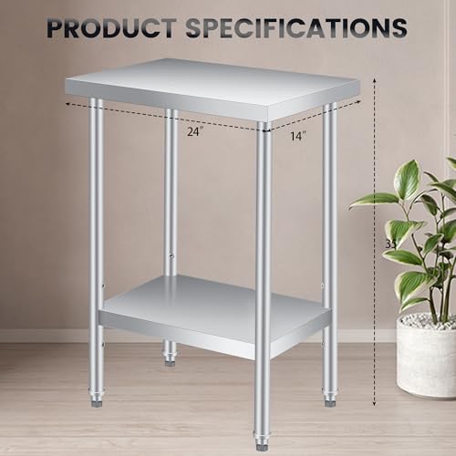 SunnyFurn 24 x 14 inch Stainless Steel Prep Table with 2-Tier Shelf, Heavy-Duty Kitchen Work Table